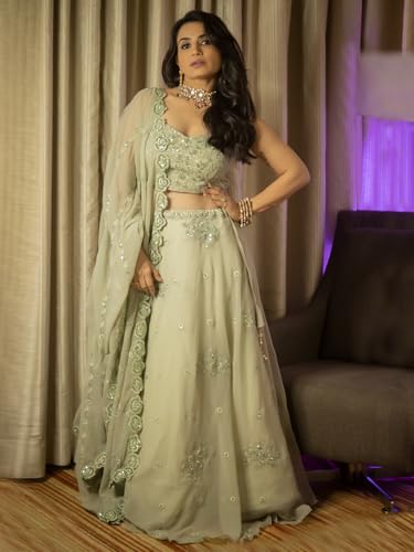 Zeel Clothing Women's Georgette Dori And Sequins Embroidered Work Semi Stitched Georgette Lehenga Choli With Dupatta (7060-Pista-Wedding-Stylish-Lehenga-Choli; Free Size), Green