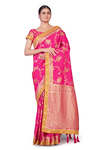 Monjolika Fashion Women's Elegant Banarasi Tissue Silk Saree with Rich Zari Border With Unstitched Blouse Piece (Rani Pink)