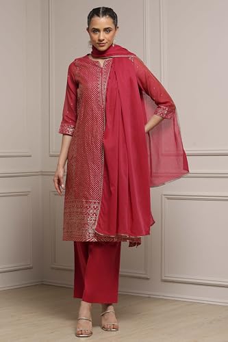 Biba Women Pink Cotton Blend Straight Printed Suit Set_46