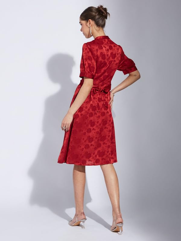 Latin Quarters Women Maroon V-Neck Half Sleeve Printed A-Line Dress_S