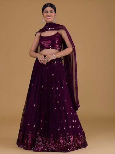 Zeel Clothing Womens Georgette Lehenga Choli Semi-Stitched Purple Wedding Girlish Latest Free Size