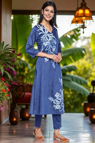 W for Woman Dark Blue Solid Printed A-Line Kurta, Straight Pant and Dupatta Set (Size: M)-WS13002-223894