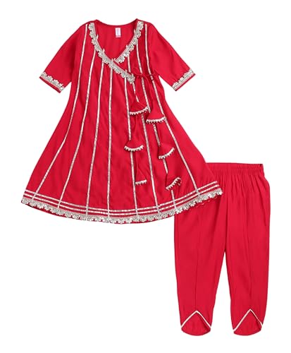 The Magic Wand 3/4 Sleeves Angrakha Style Kurta & Bottom Pant Set For Kids Girls, Lace Embroidery Work Kurti Ethnic Suit Salwar Set For Party & Festivals, Red, 3-4 Year