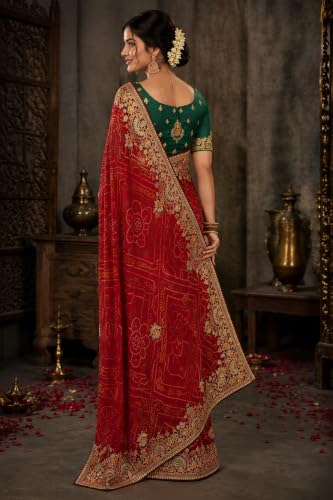 Red Bandhani Embroidery Saree