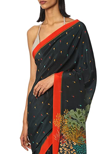 Satya Paul Crepe Green Teal Printed Silk Sari