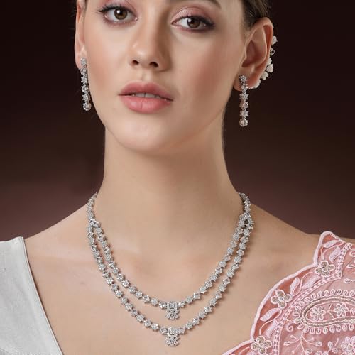 ZENEME Rhodium-Plated American Diamond Studded Star Shaped Layered Necklace With Earrings Jewellery Set For Girls and Women (White)