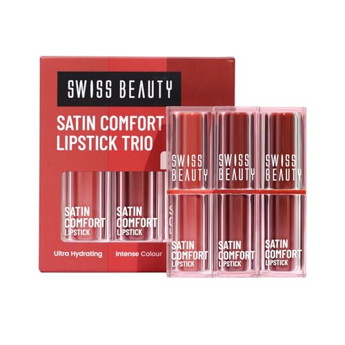 Swiss Beauty Satin Comfort Lipstick Trio 3-in-1| Ultra-Hydrating | Highly Pigmented | Smooth Glide | Satin Matte Finish | One-Swipe Application | Shade- 1-Nude & Brown, 9gm