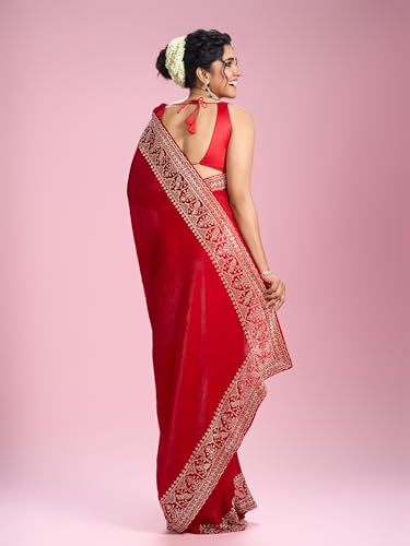 MOHEY Women's Organza Stone Work Saree with Blouse Piece(Red)