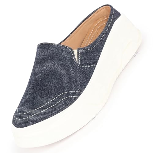 FAUSTO FST FJDWC-7014 NAVY-38 Women's Navy Blue Fashion Classic Stitched Upper Denim Open Back Slip On Height Enhancer Casual Shoes (5 UK)