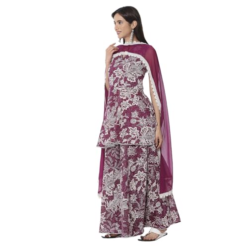 BIBA Women's Berry Purple Cotton Floral Peplum Suit Set
