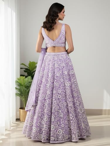 Zeel Clothing Women's Sequins Embroidered Soft Net Designer Lehenga Choli with Dupatta (5126-Lavender-Womens-New-Lehenga-Choli; Free Size) (Lavender)