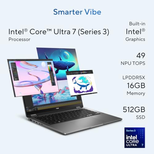 ASUS Vivobook 14 Flip (2026),Intel Core Ultra 7 355 (Series 3),Intel iGPU,16GB RAM,512GB SSD,FHD+ OLED,Touch screen,14"(35.5 cm),Win 11,M365 Basic(1Y),Office 24,Gray,1.57 Kg,TP3407AA-SG123WS,AI Laptop