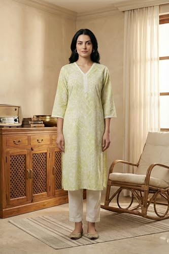 W for Woman Lime Green Lace Floral Printed Pure Cotton Straight Kurta - (W14164-127680-XXL)