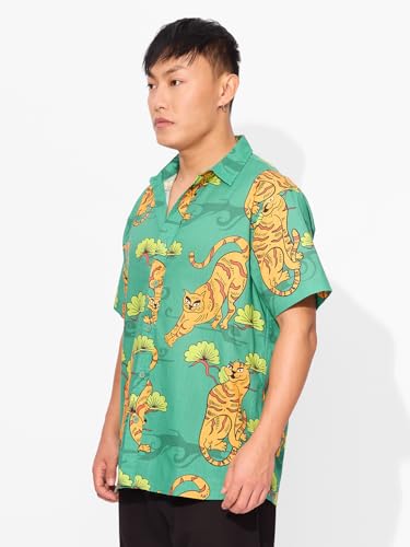 The Souled Store Tiger Folk Men and Boys Short Sleeves Collared Neck Button Front Green All Over Printed Cotton Holiday Shirts