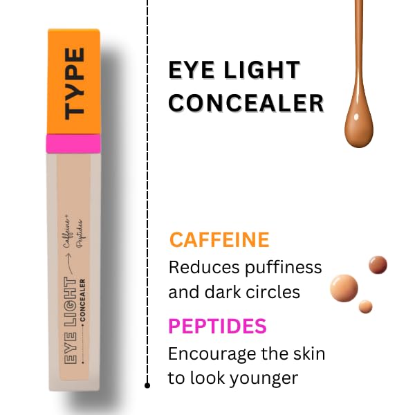 TYPE BEAUTY INC. Eye Light Waterproof Concealer for Face Makeup with Caffeine & Peptides | Reduces Dark Circles, Puffiness & Spots | Crease-Free & Long-Lasting | For Women & Men - Cinaamon (60) | 8ML