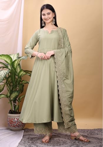 Granthva Fab Kurta Set for Women Silk Embroidered Anarkali Kurta with Palazzos and Dupatta (kurta set for women_BKG-1109-S_Light Green)
