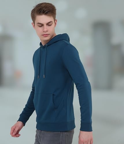 TURMS Men's Hooded Sweatshirts, Odor Control, Cotton Blend Casual Travel Edition Sweatshirts, Winter Wear Pullover Teal Blue