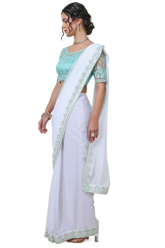 Soch Womens White Striped Georgette Saree