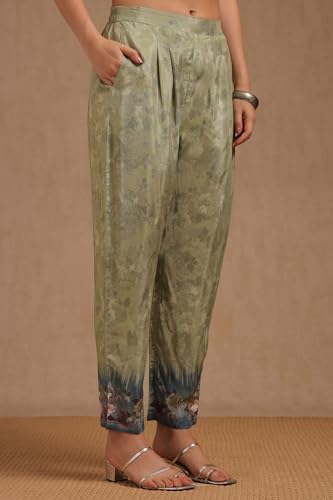 Soch Womens Olive Muslin Floral Print Suit Set With Beads