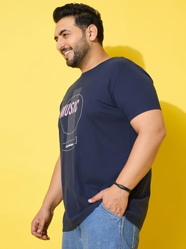 Bigbanana Men Plus Size Printed Navy Round Neck Tshirt (Rhythm,Navy,2XL)