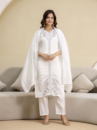 TRENDMALLS Women's Chanderi Embroidery Kurta Pant with Dupatta Set (G386-White-M-)