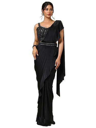 Soch Womens Black Nylon Blend Sequin Embellished Ready-To-Wear Saree With Belt