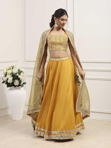 BIBA Women Yellow Cotton Zari Tissue Regular Lehenga Set_36