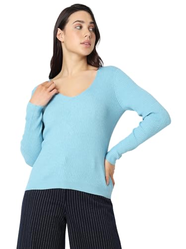 VERO MODA Women Solid Blue Viscose Regular Fit Pullover Sweater