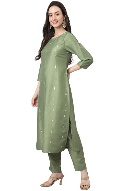 Janasya Women's Green Chinon Solid Kurta with Pant and Dupatta (SET567-KR-NP-J-S)