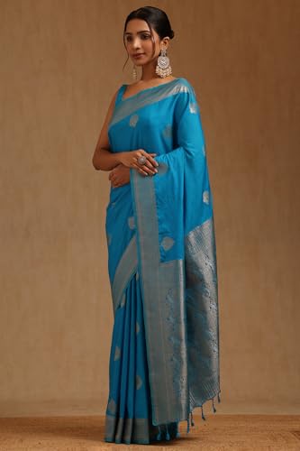 Soch Womens Blue Viscose Silk Ethnic Motifs Zari Woven Saree