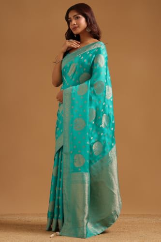 Soch Womens Turquoise Blue Satin Ethnic Motifs Zari Woven Saree