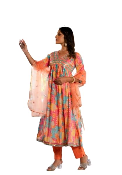 Varanga Women Multi Coloured Bandhani Printed Mirror Work Anarkali Kurta With Bottom And Dupatta