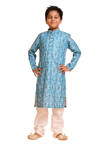 Manyavar Boys Blended Cotton Jaal Pattern Printed Kurta Pyjama Set (Turquoise Blue,2-3Y)