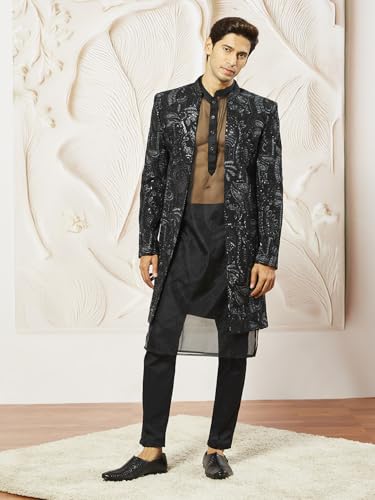 VASTRAMAY Men's Black Organza Indo Western, Kurta, Pant Set, Allover Embroidered Sherwani,Kurta And Pyjama Set For Men's, Traditional Indian Wear for Weddings & Festivals