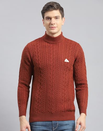 Monte Carlo Leather Brown Self Design T Neck Pullover | Warm Woolen Pullover for Men | Soft Comfortable Knitted Winter Wear Sweater for Men's
