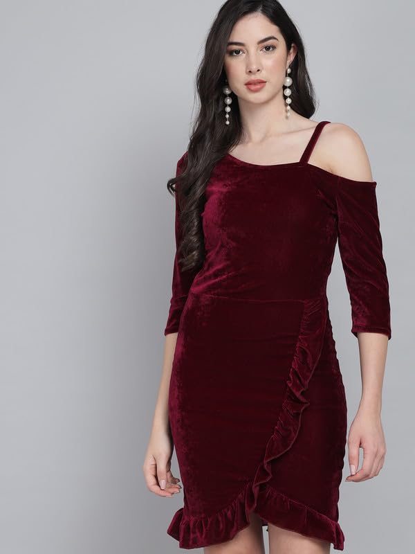 Vaararo Bodycon Party Dress for Women with Hemline Ruffles | One Shoulder Quarter Sleeves Shiny Velvet Outfit Wine X-Small