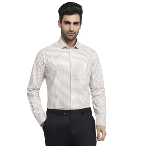 Raymond Men Regular Fit Checks Pattern Pure Cotton Semicutaway Collar Full Sleeve Apple Cut Casual Shirt Light Brown