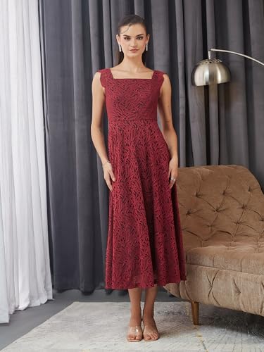 Miss Chase Womens Square Neck Sleeveless Self-Designed Ruffled Midi Lace Dress (MCAW25D86-11-143-02, Maroon, XS)