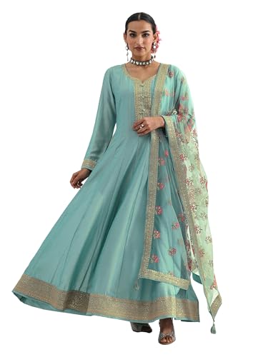 Libas Embroidered Silk Blend A-Line Ethnic Dress with Dupatta-93637L Blue