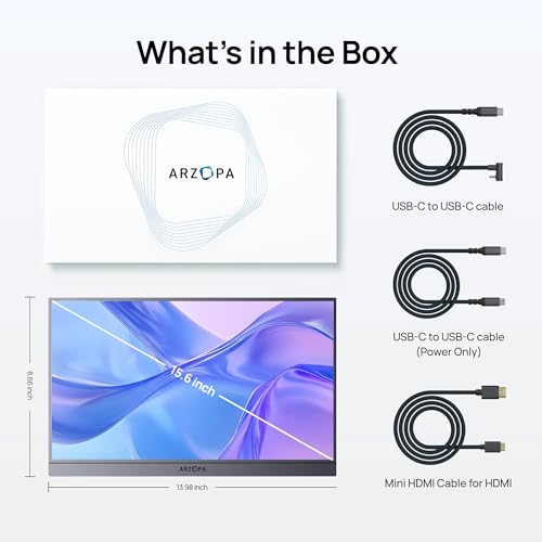 ARZOPA Portable Monitor 15.6'' FHD 1080P - Ultra-Slim Portable Laptop Monitor with Kickstand - IPS Display for PC, MAC, Phone, Xbox, PS5 - USB C & HDMI Connectivity - A1 GRAY