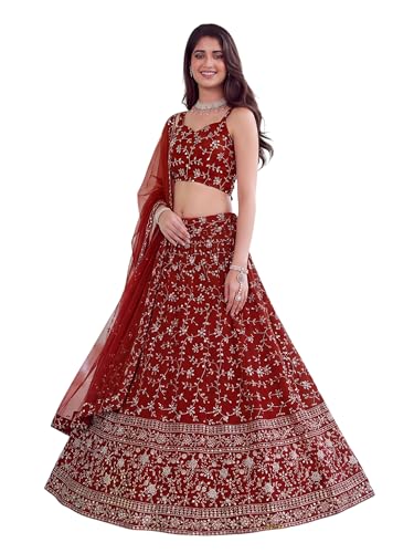Zeel Clothing Women's Zari and Sequins Embroidered Georgette Lehenga Choli With Dupatta (5058-Red-Women-Latest-Lehenga-Choli, Free size)