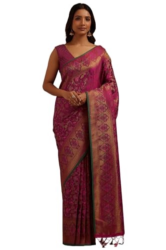 Soch Womens Magenta Tussar Floral Woven Design Saree