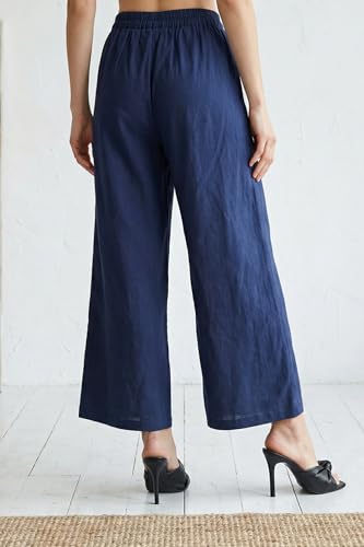 W for Woman Navy Blue Cotton Flax Ankle Length Relaxed Pants - (W63420-224745-S)