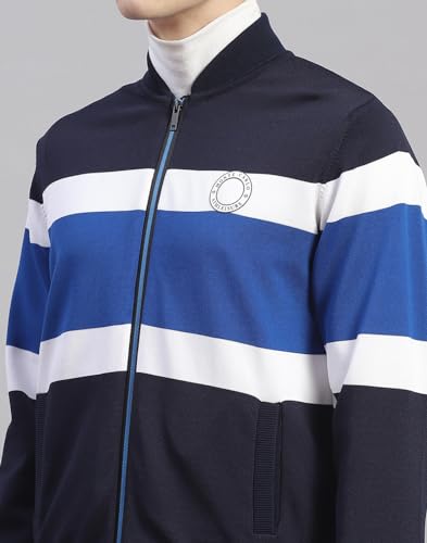 Monte Carlo Mens Navy Blue Striped Mandarin Collar Full Sleeve Polyester Casual Sweater (1239384FZ-1-40)