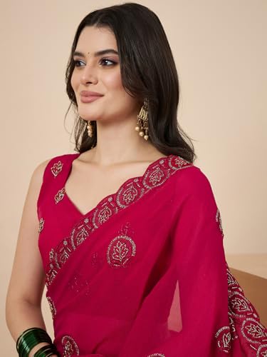 AKHILAM Women's Pink Tissue Embellished Saree With Unstitched Blouse Piece (KRIYNS4701_KH)