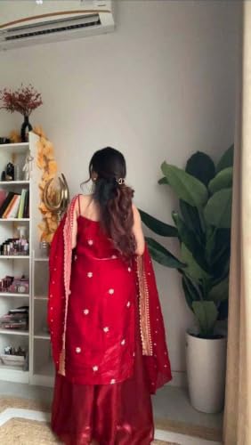 CLOTHRED HVJ Women's Red Satin Embroidered Kurta Set with Dupatta and Palazzo Pants | Festive Ethnic Suit for Women (IN, Alpha, XS, RED)