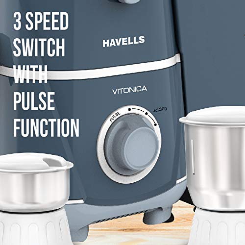 Havells Vitonica 500Watts Juicer Mixer Grinder with 3 Bigger Size Jars | Rust Resistant 304SS Sieve | Large Size Pulp Container | 1.75 Ltr Break Resistant Jar | 5 Yr Motor Manufacturer Warranty (Blue)