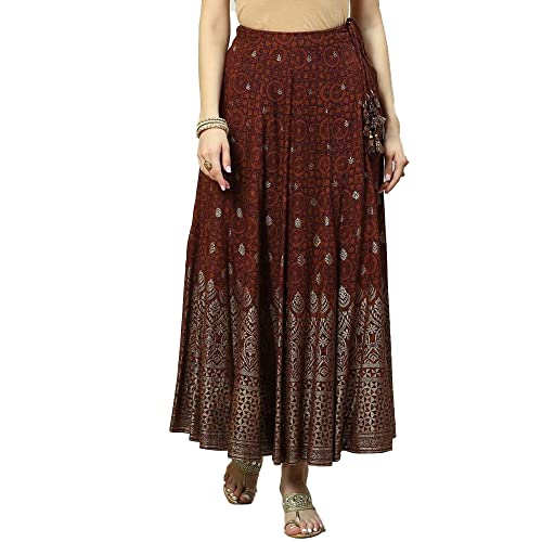 BIBA Women Printed Flared Mix and Match Knee Length Skirt(Skirts/T18800_Brown_XL)