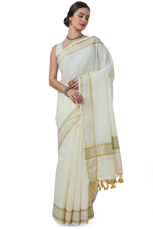 Soch Womens Cream Cotton Blend Zari Woven Kasavu Saree With Tassels