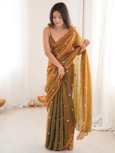 AKHILAM Women's Shimmer Gold Soft Fandy Silk Saree With Hand Work Embroidered Saree With Unstitched Blouse peice